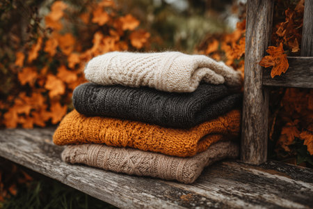 Five colorful knitted sweaters are neatly stacked on an old wooden chair surrounded by autumn leaves and greenery. The scene captures the essence of fall and warmth.の素材