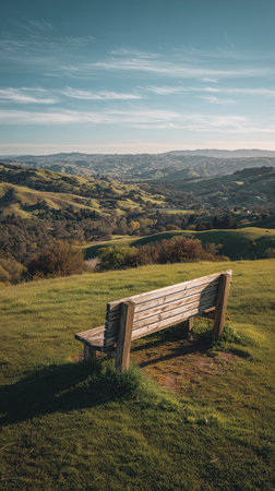 A wooden bench sits on a grassy hill, offering a stunning view of fields and distant hills as the sun sets, creating a peaceful atmosphere perfect for reflection.の素材