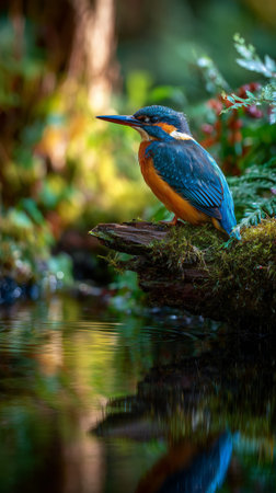 A vibrant kingfisher sits on a moss-covered log near a calm riverbank. Sunlight gently shines through the trees, illuminating the scene with a warm glow, creating a peaceful atmosphere.の素材