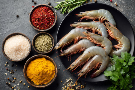 Fresh shrimp are arranged on a black plate alongside various spices, herbs, and oil, ready for cooking. The scene showcases vibrant colors and rich textures for a delicious dish.の素材