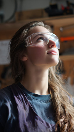 A student with long hair looks up thoughtfully while wearing safety goggles inside a workshop. Tools and materials can be seen in the background, suggesting a creative project.の素材