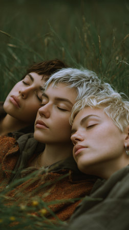 Three young adults lie side by side in a lush green field, eyes closed, enjoying a serene moment of connection and tranquility in the afternoon light.の素材