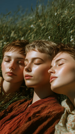 Three friends lie peacefully in a grassy field, sharing a moment of tranquility. Sunlight reflects off their skin as they enjoy each others company in nature.の素材