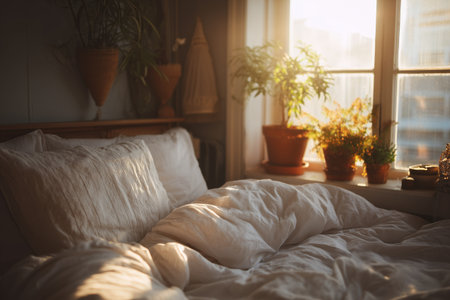 Soft sunlight fills a cozy bedroom, illuminating a messy bed with white bedding. Green plants thrive in pots by the window, creating a peaceful morning atmosphere.の素材