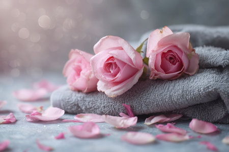 Fresh pink roses rest on a soft gray towel, surrounded by delicate rose petals, creating a calming and romantic setting perfect for relaxation or a spa day.の素材