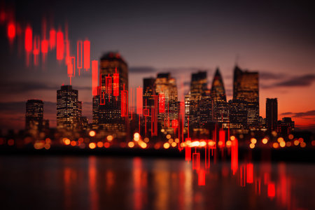 Bright city skyline during sunset showcases tall buildings and reflections in the water, highlighted by red stock market trend lines against a colorful sky.の素材