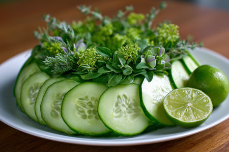 Slices of cucumber arranged beautifully with fresh herbs and limes. The bright green colors create a refreshing and healthy dish, perfect for summer meals or gatherings.の素材