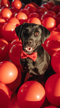 A joyful black dog is seated among vibrant orange balloons, wearing a red bow tie. The setting is lively, filled with a playful and celebratory atmosphere, perfect for a party.の素材