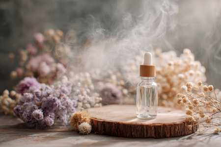 A clear bottle with a dropper stands on a wooden slice amidst beautiful dried flowers. Soft white smoke adds a tranquil atmosphere to the scene, creating a soothing environment.の素材