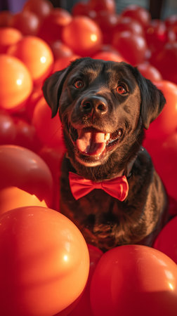 A joyful black dog is seated among vibrant orange balloons, wearing a red bow tie. The setting is lively, filled with a playful and celebratory atmosphere, perfect for a party.の素材