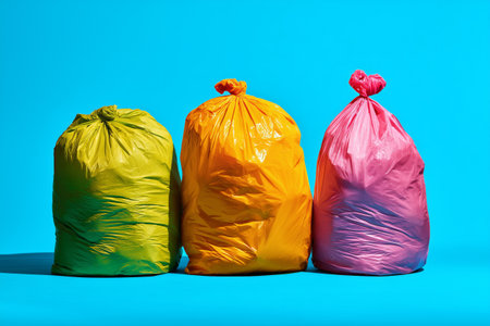 Three vibrant garbage bags in green, orange, and pink stand against a blue backdrop. The scene highlights the freshness of colors in a tidy environment.の素材