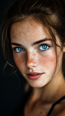 A young woman poses with bright blue eyes and soft freckles on her skin. Her hair is loose, adding to her natural look. The lighting highlights her features beautifully.の素材