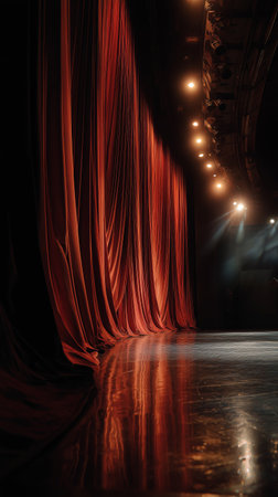 Rich red curtains hang in a theater, softly lit by stage lights. The reflection on the polished floor adds to the dramatic ambiance before a performance begins.の素材