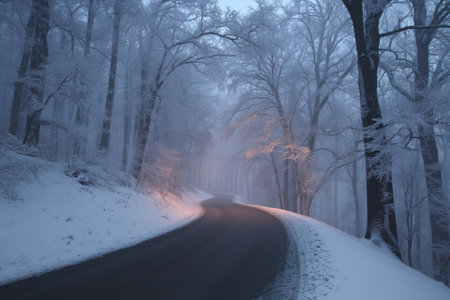 A scenic road curves through a snowy forest with tall, frosted trees. Soft winter mist surrounds the area, creating a peaceful and quiet atmosphere in the early morning.の素材