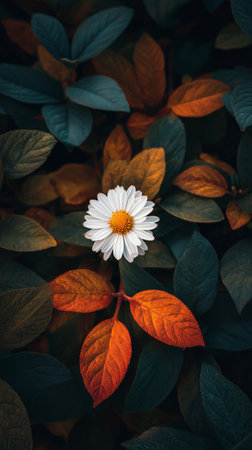 A white daisy stands out in the midst of dark green and orange autumn leaves, showing the beauty of a natural setting during fall.の素材