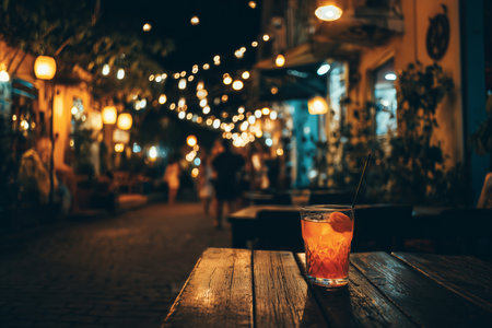 A refreshing drink sits on a wooden table as people gather in the background of an outdoor bar. Twinkling lights create a cozy ambiance in the evening atmosphere.の素材