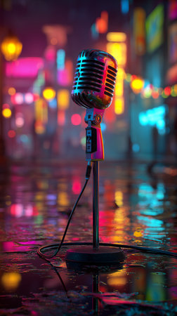 A vintage microphone stands on a wet street, shimmering with reflections from colorful city lights. The scene captures the lively energy of a nighttime urban setting.の素材