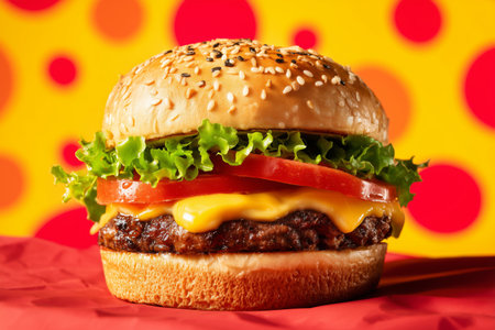 A juicy cheeseburger is placed on red paper with vibrant dots in the background. It features layers of lettuce, tomato, and melted cheese, making it look appetizing and fresh.の素材