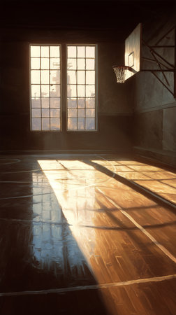 Rays of sunlight fill an empty gym, casting shadows on the polished floor. A basketball rests quietly, hinting at the activity that once took place here.の素材