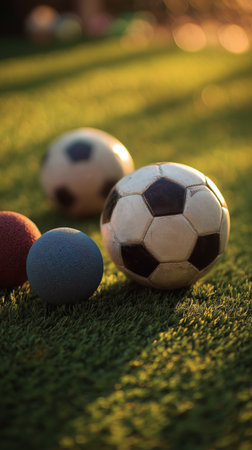 A soccer ball and two other colorful balls rest on vibrant green grass, illuminated by the soft, warm sunlight of late afternoon, inviting outdoor play and enjoyment.の素材