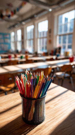 A container filled with vibrant colored pencils sits on a wooden table in a sunny classroom. Sunlight streams through the windows, illuminating empty desks around.の素材