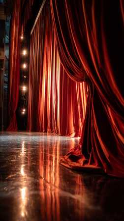 Rich red curtains hang in a theater, softly lit by stage lights. The reflection on the polished floor adds to the dramatic ambiance before a performance begins.の素材