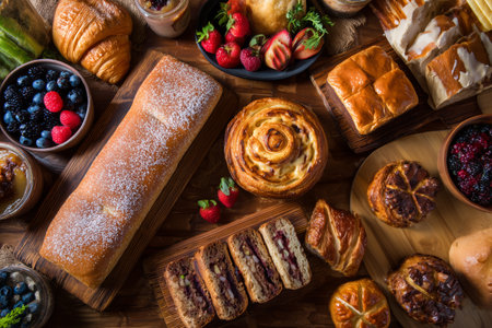 A variety of baked goods and fresh berries are displayed on wooden platters. The bright colors of the fruits complement the golden pastries. Perfect for a morning feast.の素材