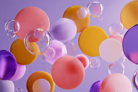 Bright and colorful abstract shapes float in a soft purple background, with various bubbles adding depth and texture to the scene in a creative digital design.の素材