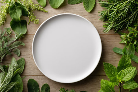 An assortment of fresh herbs surrounds an empty plate on a rustic wooden table. The vibrant greens suggest a focus on natural ingredients and cooking preparation.の素材