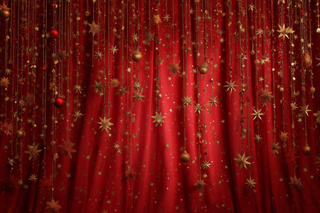 A beautiful red curtain hangs adorned with shimmering golden stars and ornaments, creating a festive backdrop for celebrations. The warm colors enhance the joyful atmosphere.の素材