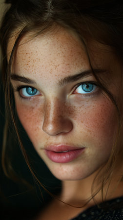 A young woman with striking blue eyes and a sprinkle of freckles looks directly at the camera. Soft lighting enhances her features, creating a warm and inviting atmosphere.の素材