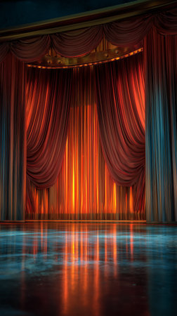 Red curtains drape gracefully on a stage with soft lights glowing in the background, creating an inviting atmosphere for audiences before a show.の素材