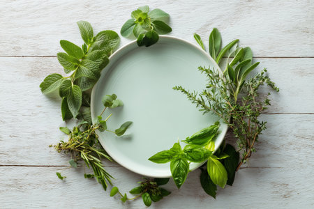 Various green herbs such as basil, thyme, and sage surround an empty light-colored plate on a rustic wooden table. This setup highlights fresh ingredients ready for cooking.の素材