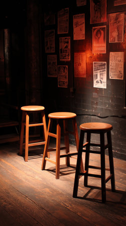 Three wooden stools sit in a dimly lit bar beside a brick wall covered in vintage posters. The warm light creates a cozy atmosphere inviting patrons to relax and enjoy.の素材