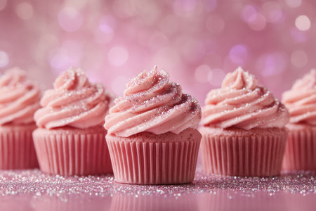 A row of delightful cupcakes topped with fluffy pink frosting and edible glitter sits against a shimmering background. The sweet treats are perfect for celebrations and special occasions.の素材