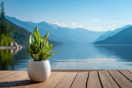 A vibrant green plant sits on a wooden dock, offering a serene view of a calm lake. Mountains rise in the background under a clear blue sky, creating a tranquil atmosphere.の素材