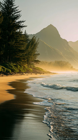 Soft waves lap against the sandy shore as sunlight casts a warm glow on the landscape. Lush trees stand tall beside the ocean, framing the distant mountains.の素材