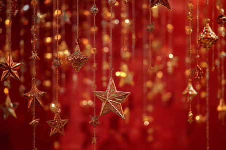 Colorful ornaments in red and gold hang from above, creating a festive atmosphere.の素材