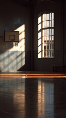 Sunlight filters through a large window in a basketball court, casting warm rays across the polished wooden floor in the late afternoon. The atmosphere feels peaceful and inviting.の素材