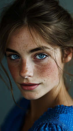 A young woman with striking blue eyes and a sprinkle of freckles looks directly at the camera. Soft lighting enhances her features, creating a warm and inviting atmosphere.の素材