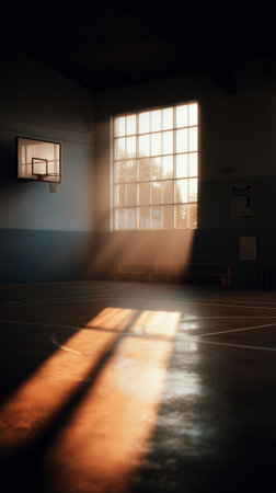 Sunlight filters through a large window in a basketball court, casting warm rays across the polished wooden floor in the late afternoon. The atmosphere feels peaceful and inviting.の素材