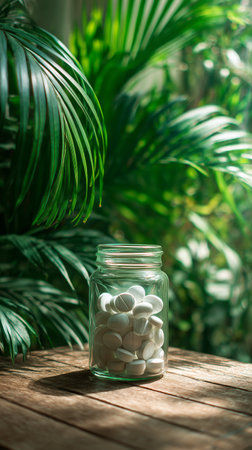 A glass jar contains white tablets and sits on a wooden table. Lush green plants create a vibrant backdrop. The scene captures a serene and natural atmosphere in a bright setting.の素材