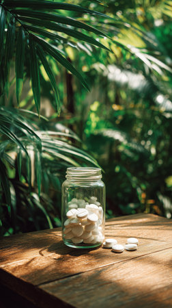 A glass jar contains white tablets, resting on a wooden table. Lush green plants create a vibrant backdrop, providing a serene atmosphere in a natural, well-lit environment.の素材