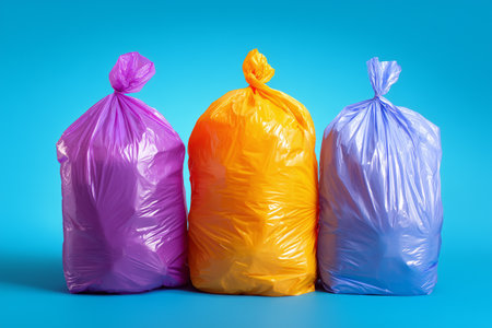 Three brightly colored trash bags in purple, orange, and blue are tied and standing together against a bright blue background. They represent waste management and organization.の素材