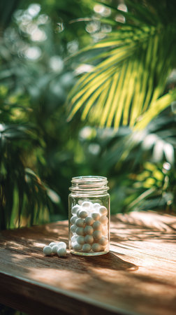 A glass jar contains white tablets and sits on a wooden table. Lush green plants create a vibrant backdrop. The scene captures a serene and natural atmosphere in a bright setting.の素材
