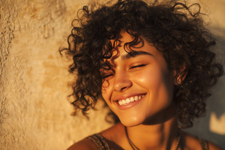 A young woman with beautiful curly hair smiles brightly in warm sunlight, creating a joyful and vibrant atmosphere. Her carefree expression reflects happiness and positivity.の素材