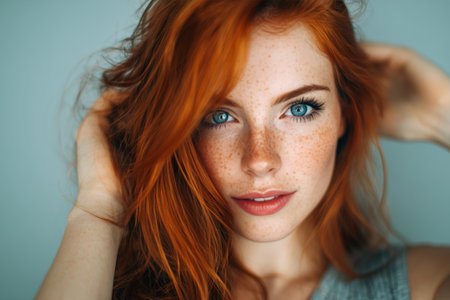 A young woman poses with soft curls framing her face. Her bright blue eyes and freckles give her a unique charm. She lightly touches her hair, creating an inviting atmosphere.の素材