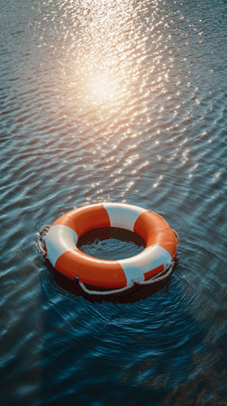 A lifebuoy with orange and white stripes gently floats on the surface of calm water. Sunlight sparkles on the ripping water, creating a serene scene.の素材