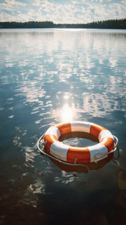 A lifebuoy rests in the clear waters of a serene lake. Sunlight creates glimmers on the lakes surface, surrounded by greenery in the distance, suggesting a peaceful natural scene.の素材