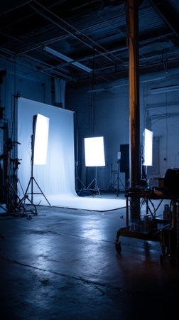 A photography studio features bright lights on stands illuminating a backdrop. The space is organized with equipment suggesting preparation for a dynamic photoshoot session.の素材